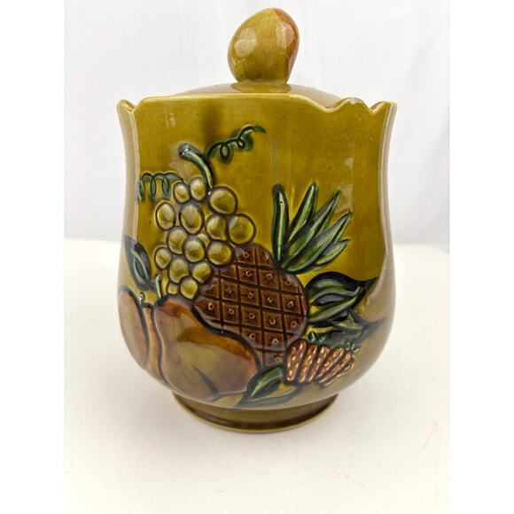 California Pottery Cookie Jar 2004 Mustard Yellow Embossed Fruit VTG Kitchen - Picture 12 of 16